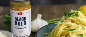 black gold bottle with pasta