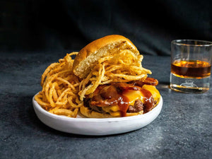 Bourbon Barrel Burger with Haystack Onion Rings