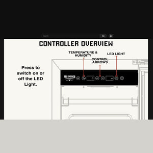 Pro Smoker Dry Ager control panel screen with temperature and humidity displays, used to monitor Reserve 50 and Reserve 100 dry aging cabinets