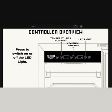 Pro Smoker Dry Ager control panel screen with temperature and humidity displays, used to monitor Reserve 50 and Reserve 100 dry aging cabinets