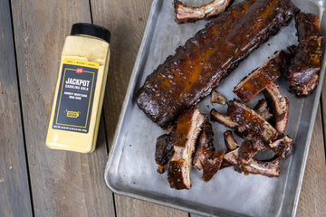 jackpot ribs with large seasoning bottle