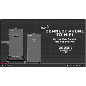 Pro Smoker mobile app screens for connecting to Wi-Fi and remotely controlling Pro Max and Pro Classic electric smokers