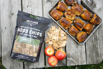 Pro Smoker PS Seasoning apple wood chips with chicken and apples on table