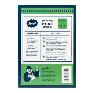 The back of a the Italian Sausage Kit showing how to make Italian sausage, with a dark blue cover, white central panel, green accents, and printed ingredients and directions.