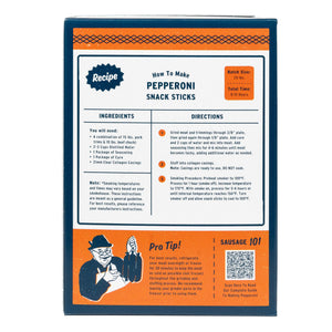 Back of a Pepperoni Snack Sticks box showing recipe information, ingredients, directions, a pro tip, and a sausage promo on an orange and dark blue background.