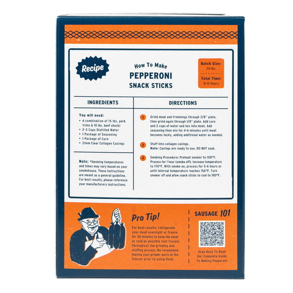 Back of a Pepperoni Snack Sticks box showing recipe information, ingredients, directions, a pro tip, and a sausage promo on an orange and dark blue background.