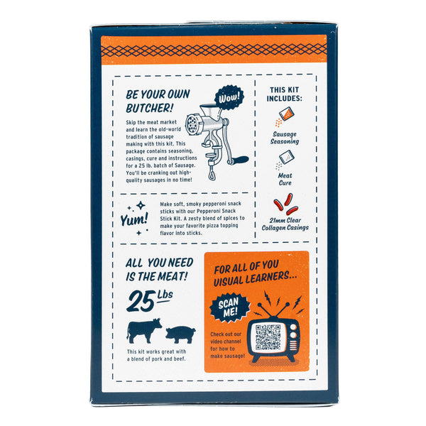 The back of the pepperoni snack stick kit box, showing instructions, included items, and a QR code on a white background with orange and navy design elements.