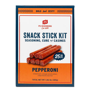 A boxed snack stick kit labeled 'PS Seasoning' and 'Pepperoni' on a plain white background.