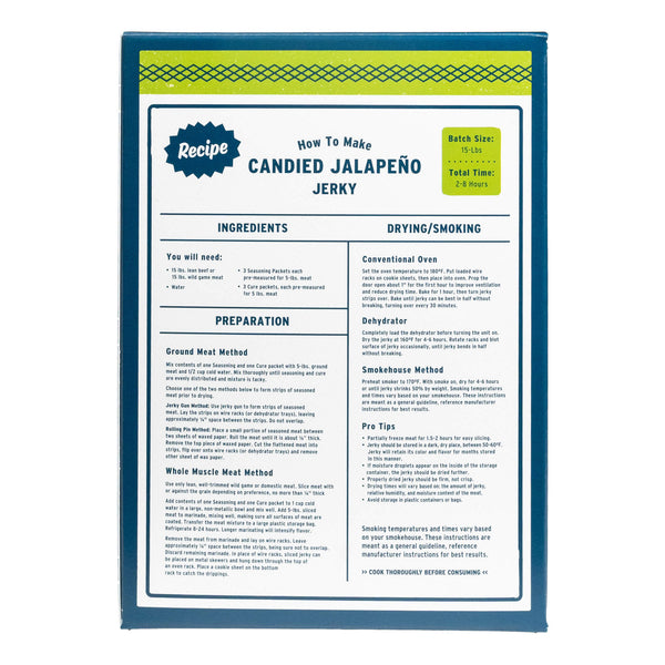 A recipe card for making Candied Jalapeño Jerky, featuring a blue border, green accents, and text detailing preparation, ingredients, and smoking methods.