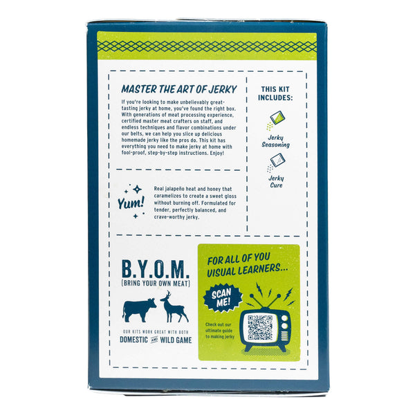 The back of a jerky kit box shown against a plain white backgrounds.