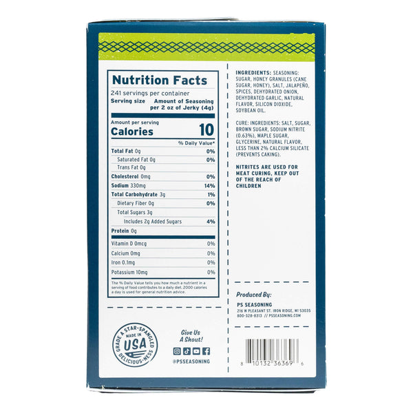 Back of a blue and green jerky package showing the Nutrition Facts label, with serving size 2 oz of jerky, calories, ingredients, and a barcode. Produced by PS Seasoning.