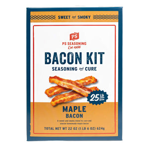 PS Seasoning Maple Bacon Kit front of package showing 25 lb kit, a sweet and smoky blend to cure and season homemade maple bacon