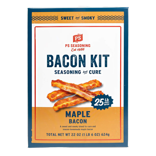 PS Seasoning Maple Bacon Kit front of package showing 25 lb kit, a sweet and smoky blend to cure and season homemade maple bacon