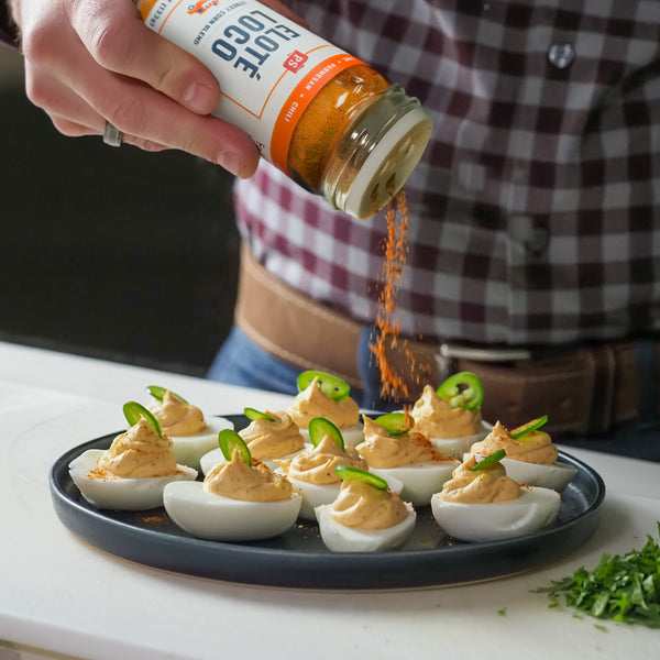 Elote Loco - Street Corn Seasoning sprinkled on deviled eggs