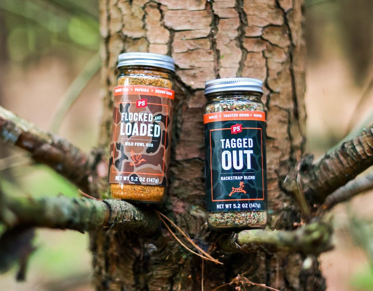 Flocked and Loaded and Tagged Out seasonings in a tree