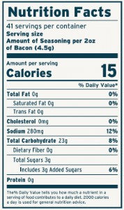 A close-up of the Maple Bacon Kit nutrition label showing the front panel with serving size, calories, and nutrient rows for a bag of bacon.