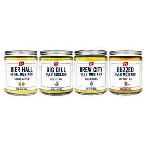 The Mustard Flight 4 Pack comes with Bier Hall, Big Dill, Brew City, and Buzzed Beer Mustard