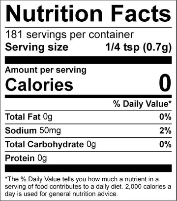 Nutrition facts label with serving size, calories, fat, sodium, carbohydrate, and protein information.