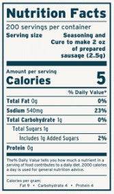 The Nutrition Facts label for the Pepperoni Sausage Kit showing serving size, calories, and nutrient values per container on a white background.