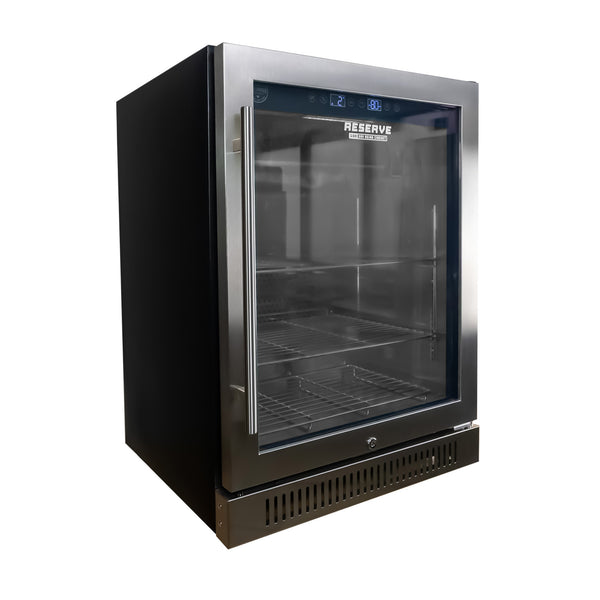 Reserve 100 dry aging cabinet — angled right side profile showing the 304 stainless steel construction and 32.2 H × 23.4 W × 22.6 D inch dimensions