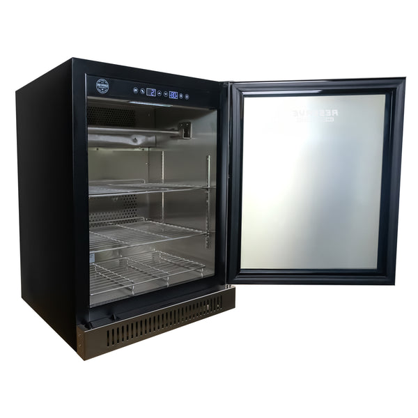 Reserve 100 home dry aging cabinet — angled right interior view with Bacteria Defense UV lighting, meat hooks, and product shelves for aging primal cuts, charcuterie, and cheese