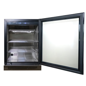 Reserve 100 dry aging cabinet with door open showing the LED-lit 304 stainless steel interior with two meat hooks and two product shelves — 50 lb capacity for charcuterie and dry-aged beef