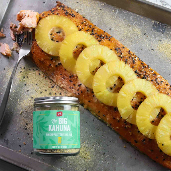 Pineapple teriyaki grilled salmon made with The Big Kahuna - Pineapple Teriyaki Rub