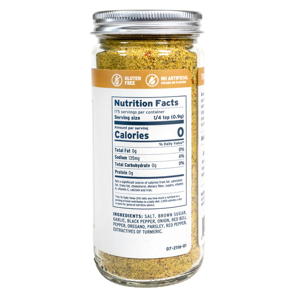 Spice jar with nutrition facts label on a white background