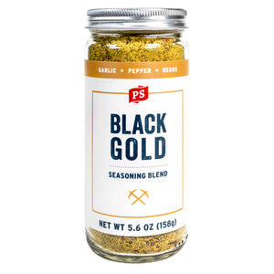 Jar of 'Black Gold' seasoning blend with a white label on a white background