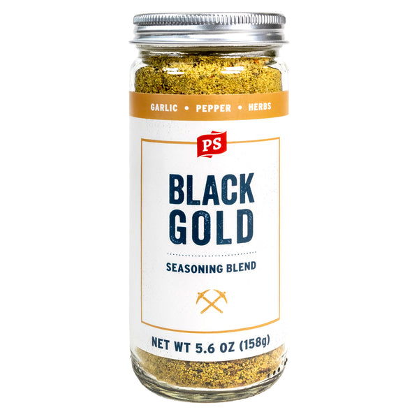 Jar of 'Black Gold' seasoning blend with a white label on a white background