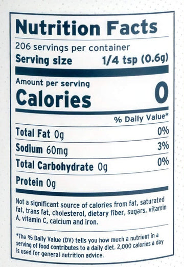 Buried Treasure Nutrition Facts label showing a serving size of 1/4 tsp (0.6g) with 0 calories, 0g total fat, 60mg sodium, and 0g total carbohydrate and protein.