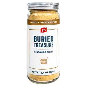 Jar of 'Buried Treasure' seasoning blend with a white label on a white background