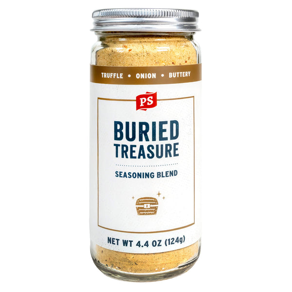 Jar of 'Buried Treasure' seasoning blend with a white label on a white background