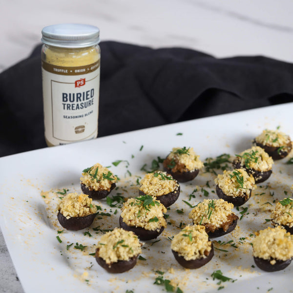 Buried Treasure seasoning with stuffed mushrooms