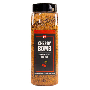 Jar of 'Cherry Bomb Sweet Heat BBQ Rub' on a white background
