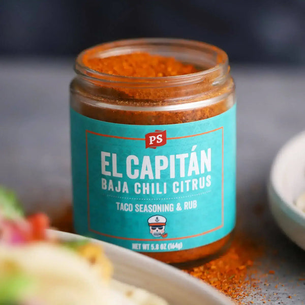 An open can of El Capitán, our baja chili citrus taco seasoning & rub
