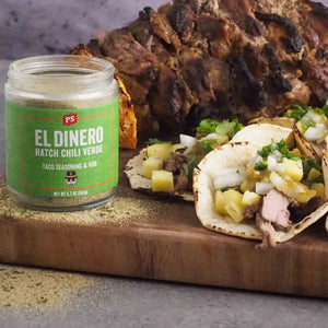 El Dinero - Hatch Chili Verde Taco Seasoning & Rub with cutting board of bbq pork