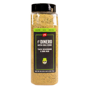 Jar of El Dinero taco seasoning and BBQ rub on a white background