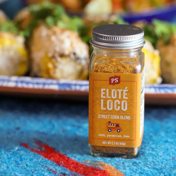 A jar of Elote Loco with Mexican corn faded behind it.