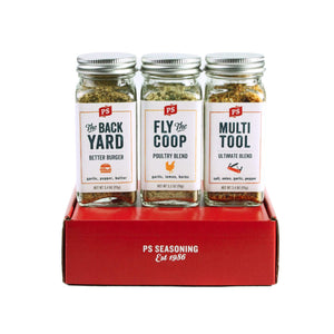 grillfather grilling box including the backyard burger seasoning, fly the coop chicken seasoning, and multi tool ultimate salt onion garlic pepper seasoning blend