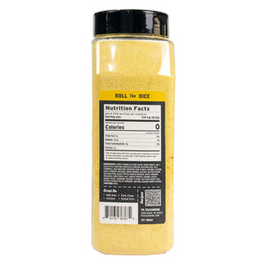 Yellow seasoning container with black lid and label on a white background
