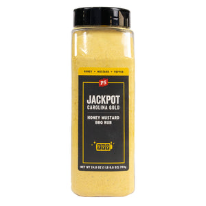 Jacketed jar of Jackpot Carolina Gold Honey Mustard BBQ Rub on a white background