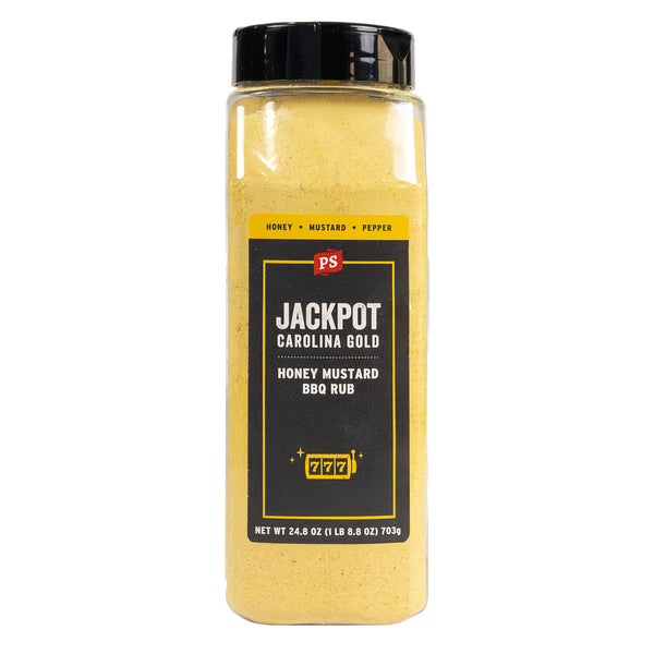 Jacketed jar of Jackpot Carolina Gold Honey Mustard BBQ Rub on a white background