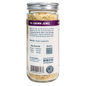 Jar of seasoning with a label on a white background