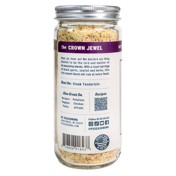 Jar of seasoning with a label on a white background