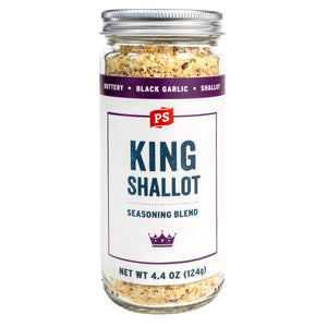 Jar of 'King Shallot' seasoning blend with a white label on a white background
