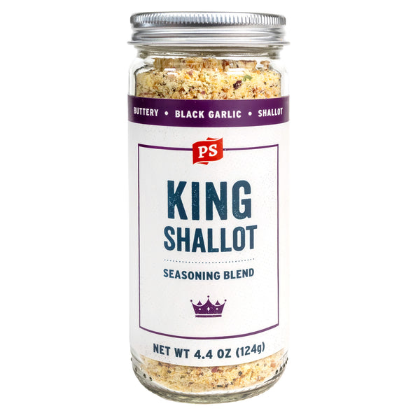 Jar of 'King Shallot' seasoning blend with a white label on a white background