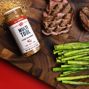 Multi-Tool Steak Seasoning with steak and vegetables