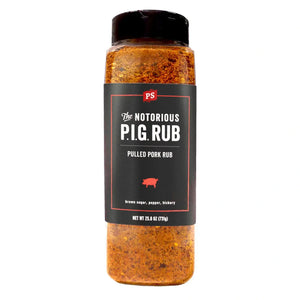 PS Seasoning Notorious P.I.G. Pulled Pork Rub — sweet-heat pork shoulder and rib seasoning with brown sugar and chipotle in shaker bottle
