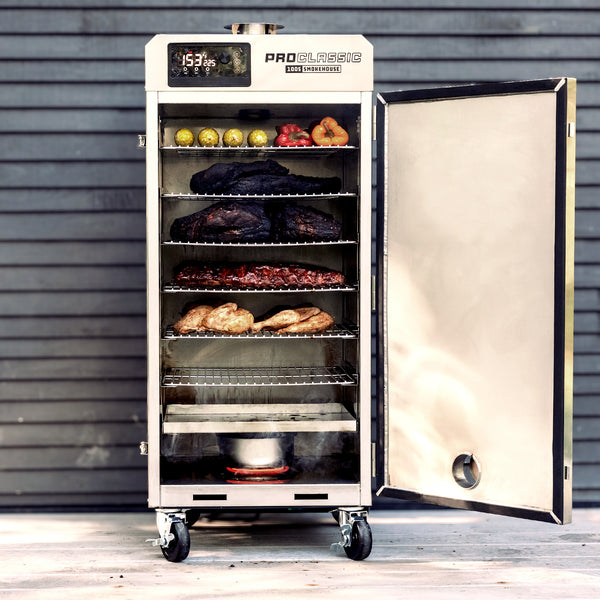 Pro Classic 100 S electric smoker - PS Seasoning pro smoker with smoked vegetables, brisket, ribs, and turkey